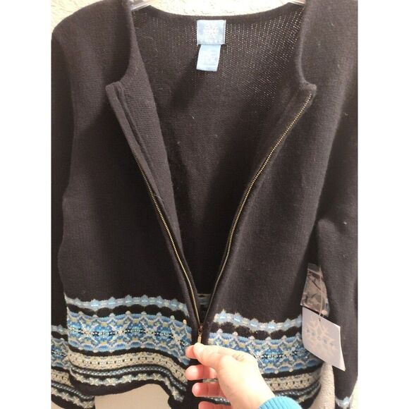 Frost Women's Large Cardigan Sweater Wool Zip Front Black Blue Green Sequins - Picture 7 of 8
